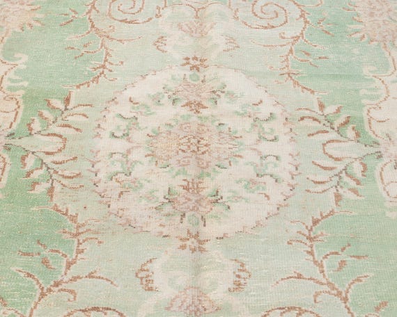 6x9 Vintage Turkish Rug: Beige , Green Oriental Antique Rug