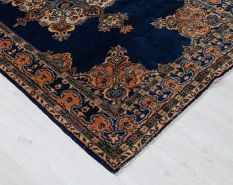 4x7 Vintage Turkish Rug: Hand-Woven Wool Oushak, Navy Geometric Rug
