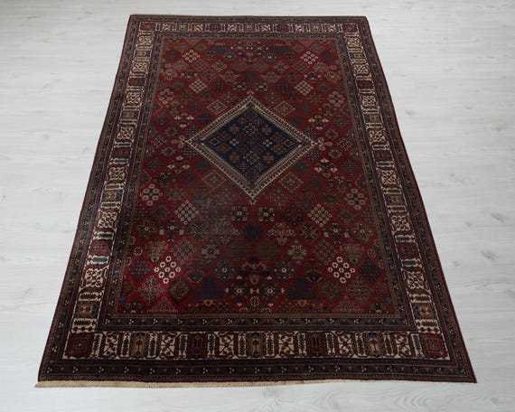 【Shou】トルコ絨毯　ビンテージ　ウール　手織り　ラグ 7x10 ヴィンテージ手織りトルコ絨毯：赤い幾何学模様のウール