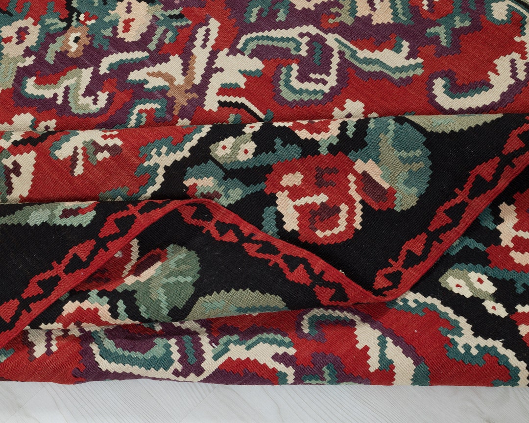 大型ヴィンテージトルコキリムラグ（7x11）：手織りウール幾何学模様