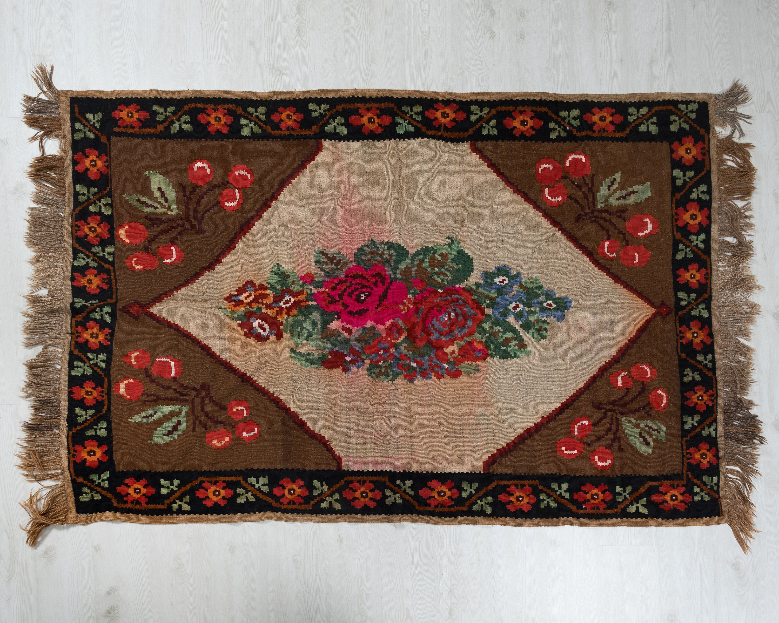 ヴィンテージ キリム　大判　手織り 5.7 x 7.6 フィートのストライプ柄の手織りヴィンテージ トルコ