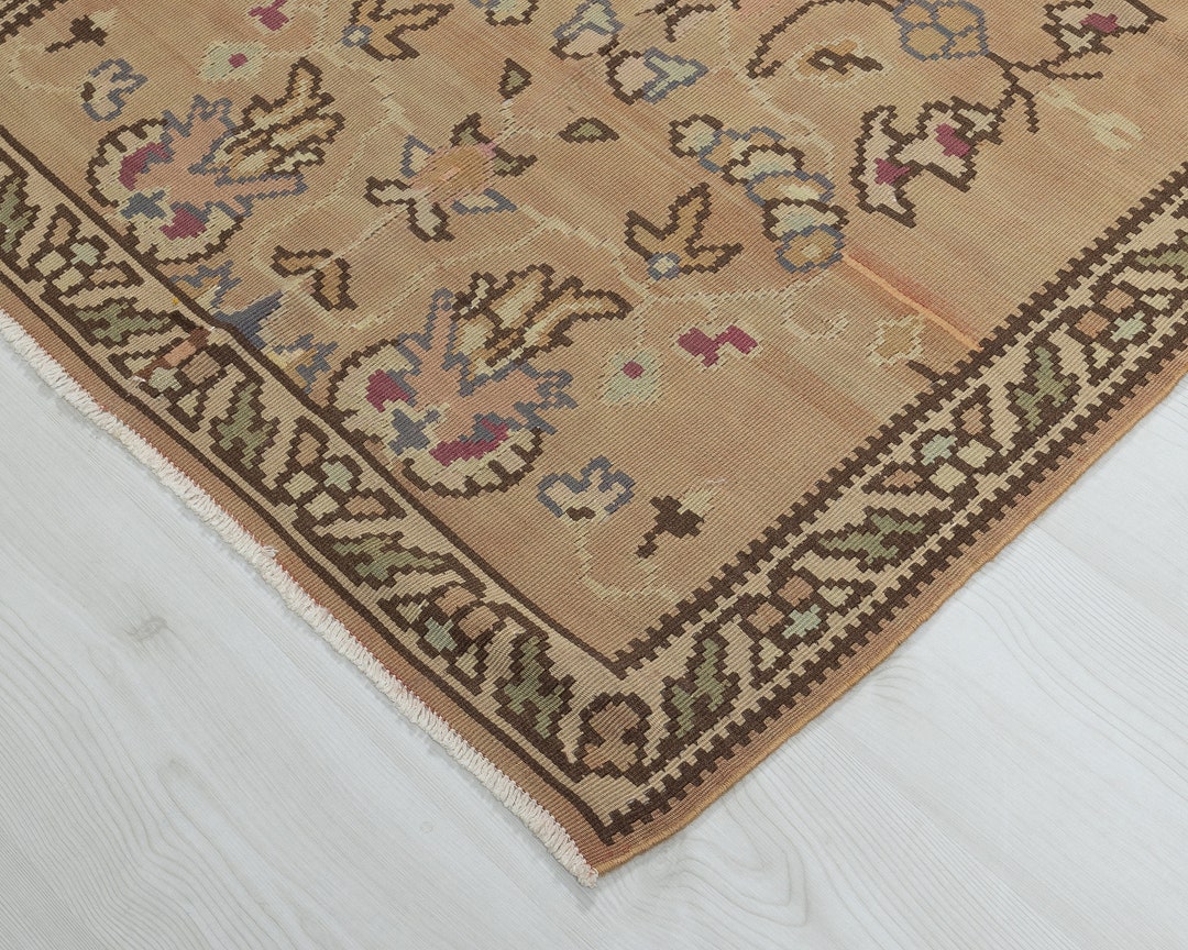 ヴィンテージベージュのトルコ製キリムランナーラグ：手織りウール（3