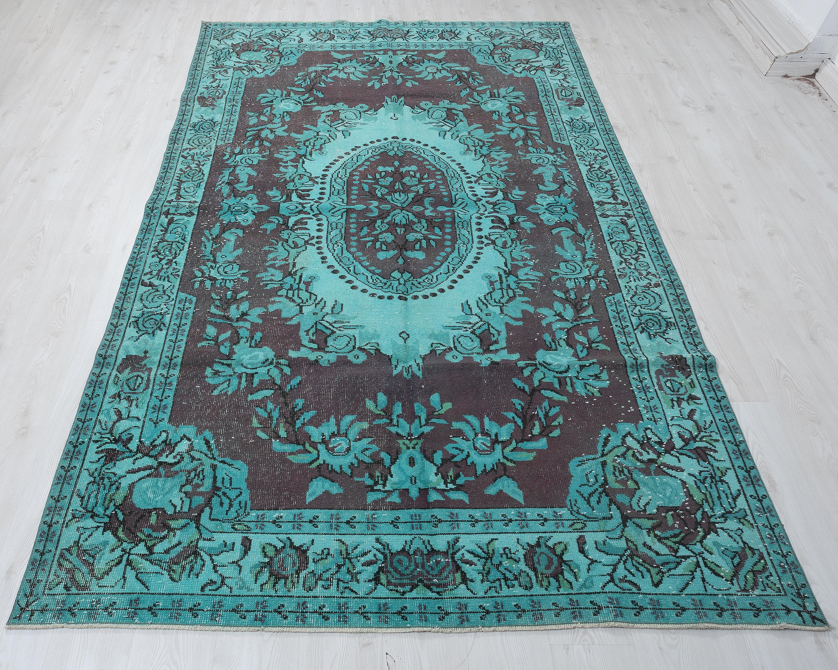 6x10 Vintage Turkish Rug: Oushak Hand-woven Wool Green & Brown
