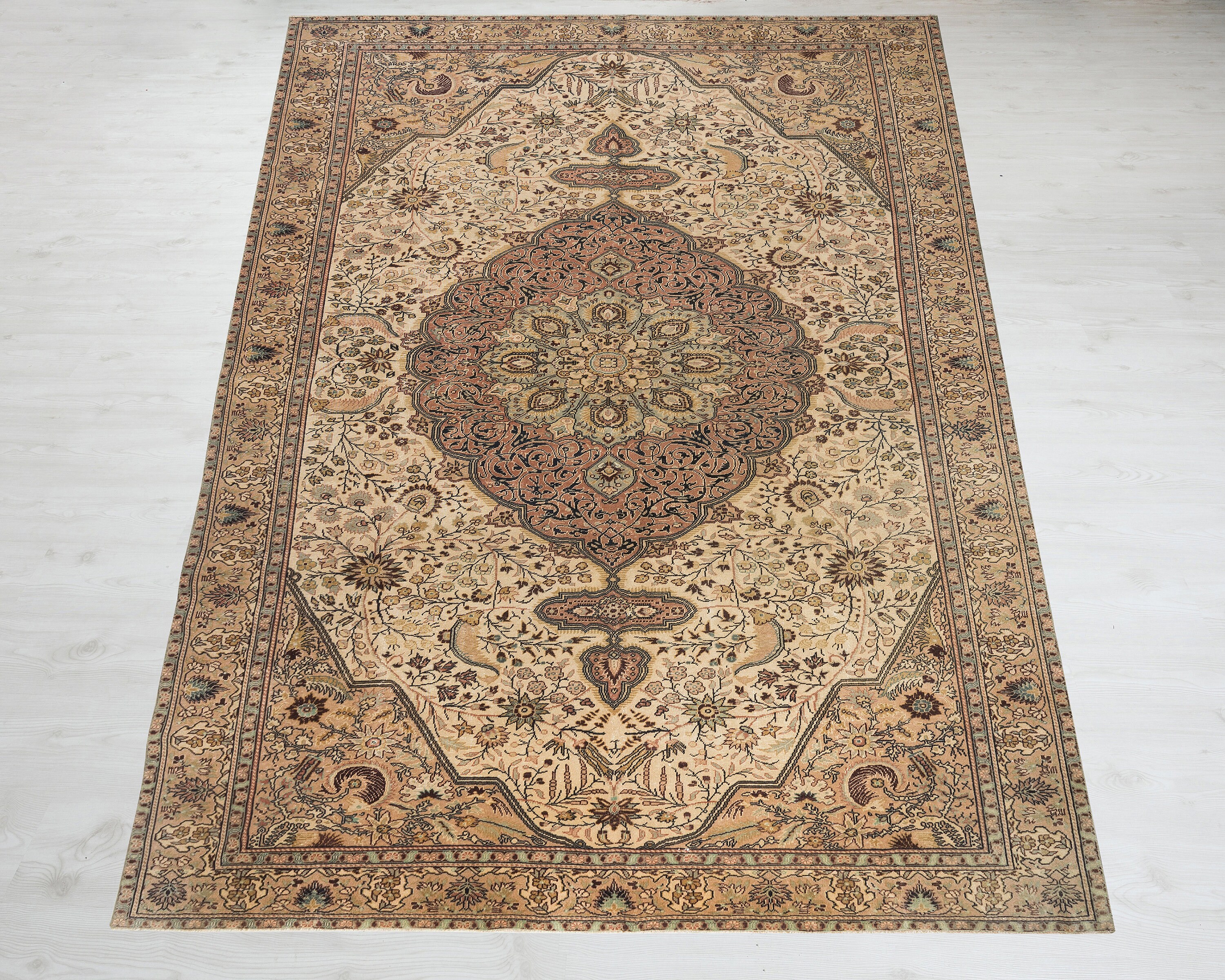7x12 Beige Oushak Rug: Vintage Hand-Knotted Turkish Wool Rug