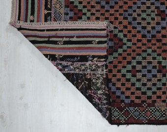 May include: Close-up of a colorful woven rug with a geometric pattern. The rug has a black background with red, green, blue, and purple accents. The rug is folded over on itself, revealing the underside of the rug.