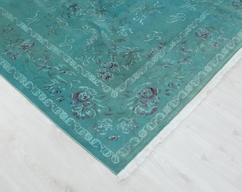 7x10 Vintage Turkish Rug: Blue Faded Oushak, Hand-Woven Wool Carpet