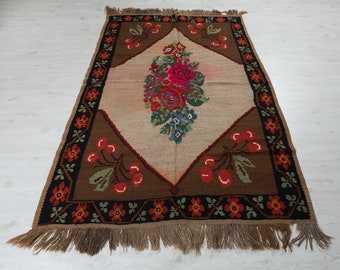 ヴィンテージトルコキリムラグ 4x7：手織りウールフローラル