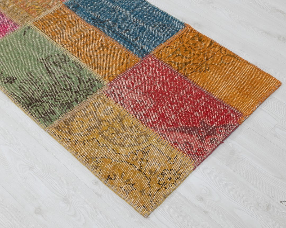 2x9 Turkish Patchwork Rug: Handmade Vintage Anatolian Wool Area Rug ...