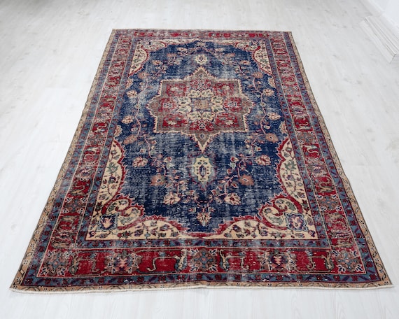5x8 Vintage Hand-woven Turkish Rug: Red, Navy, Geometric Wool Area
