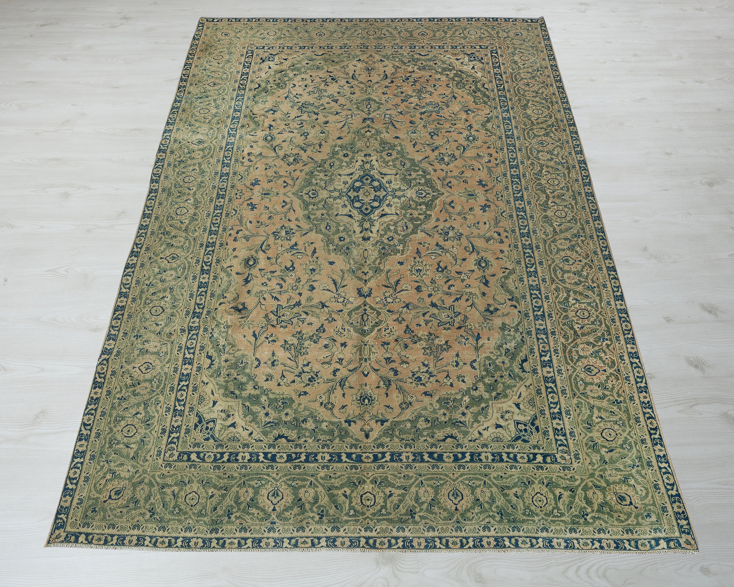 Handmade Vintage Turkish Rug (7x11): Beige & Blue Geometric Wool