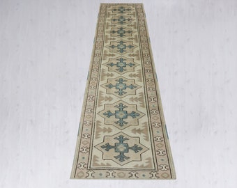 ヴィンテージ手織りトルコ製ランナーラグ：オレンジ幾何学模様ウール