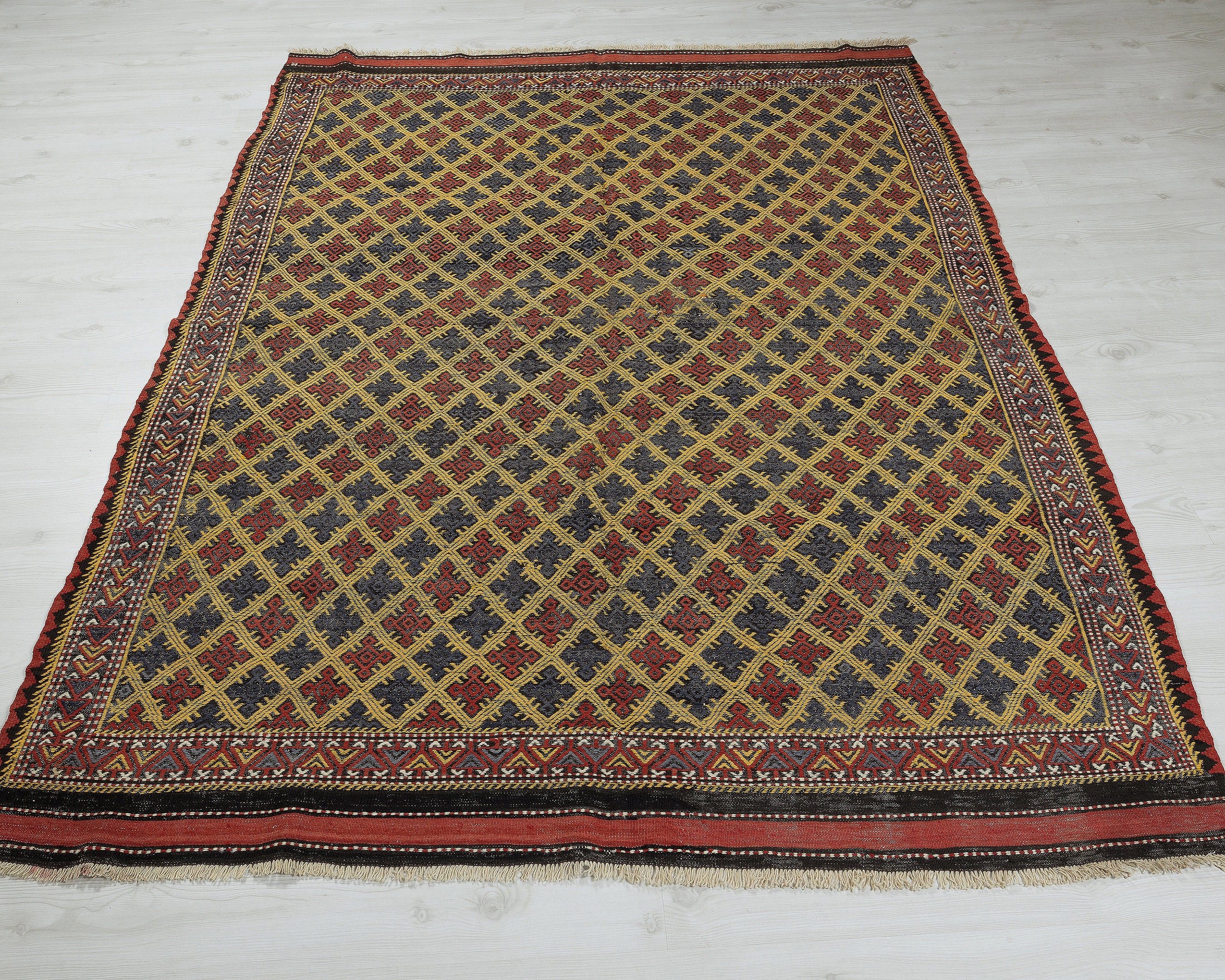 5x7インチのヴィンテージトルコキリムラグ：手織りウール、幾何学模様