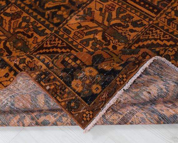 UT　トルコ ヴィンテージラグ ブラウン系 8x11 ヴィンテージ トルコラグ：オレンジブラウンの幾何学模様