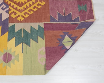 Alfombra Kilim turca vintage de 5x8: Alfombra de lana geométrica vintage
