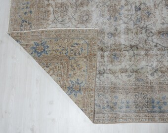 7x10 ベージュ トルコ絨毯：手織りウール 幾何学模様 アンティーク絨毯