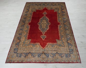 9x14 Hand-Woven Turkish Rug: Red Geometric Wool Mahal Rug