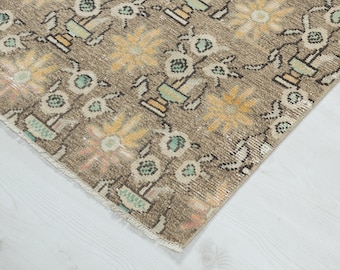 Hand-Woven Turkish Wool Rug (2x4 ft): Vintage Geometric Brown Area Rug