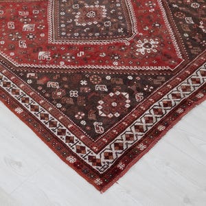 4x8 Vintage Hand-Woven Turkish Rug: Red Geometric Wool Area Rug