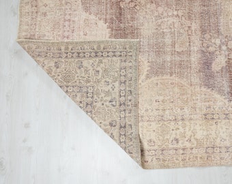 7x11 Vintage Turkish Rug: Beige & Purple Hand-Woven Wool Area Carpet