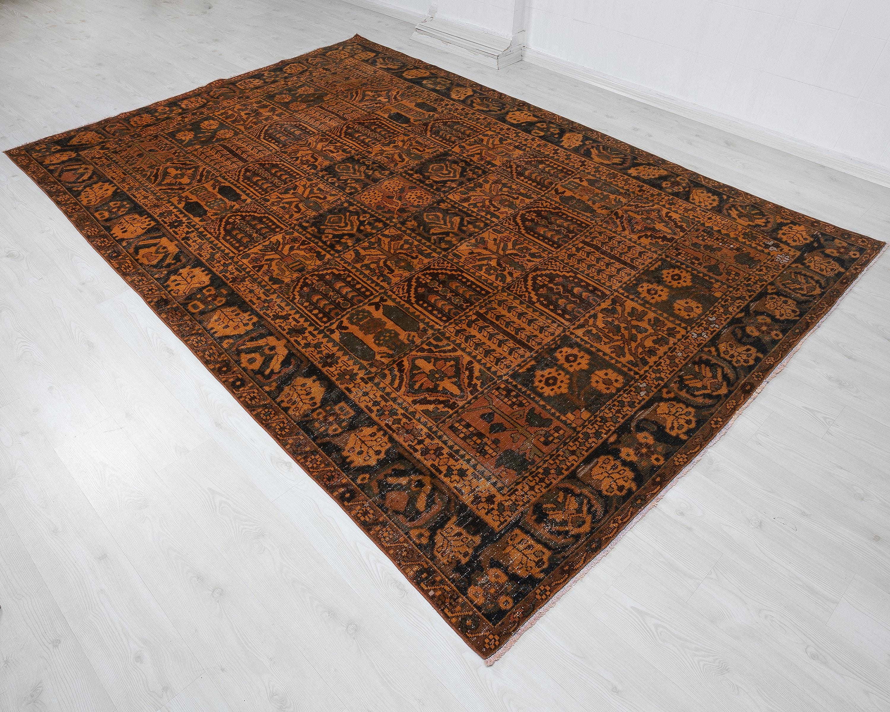 8x11 ヴィンテージ トルコラグ：オレンジブラウンの幾何学模様