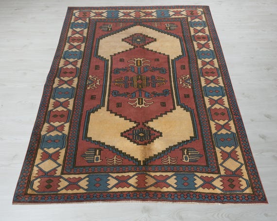 ラグ vintage turkish  rug,086 6x8 Vintage Turkish Rug: Hand-woven Wool Anatolian Rug - Etsy