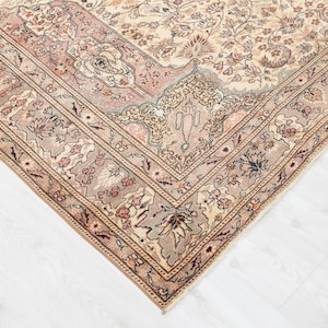 6x9 Beige Turkish Oushak Rug: Vintage Wool Hand-Knotted Area Rug