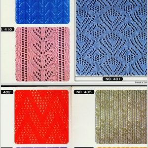 Puede incluir: Una colección de patrones de punto de tejido, incluyendo un patrón azul, rosa, rojo, morado, verde y amarillo. Los patrones están numerados 401, 402, 403, 405 y 406.