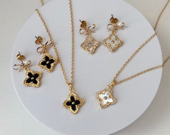 18k Gold Plated Rhombus Charm Jewelry Set, Bow Earrings, Pearl Earrings, Gold Plated Earrings