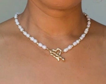Natural freshwater Pearl necklace, 18k gold plated heart clasp necklace