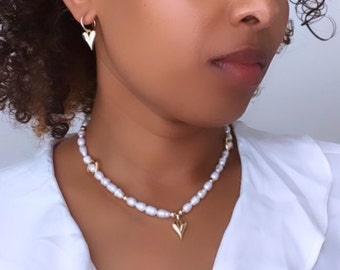 Natural freshwater pearl jewelry set, adjustable pearl jewelry, gold plated jewelry, heart jewelry