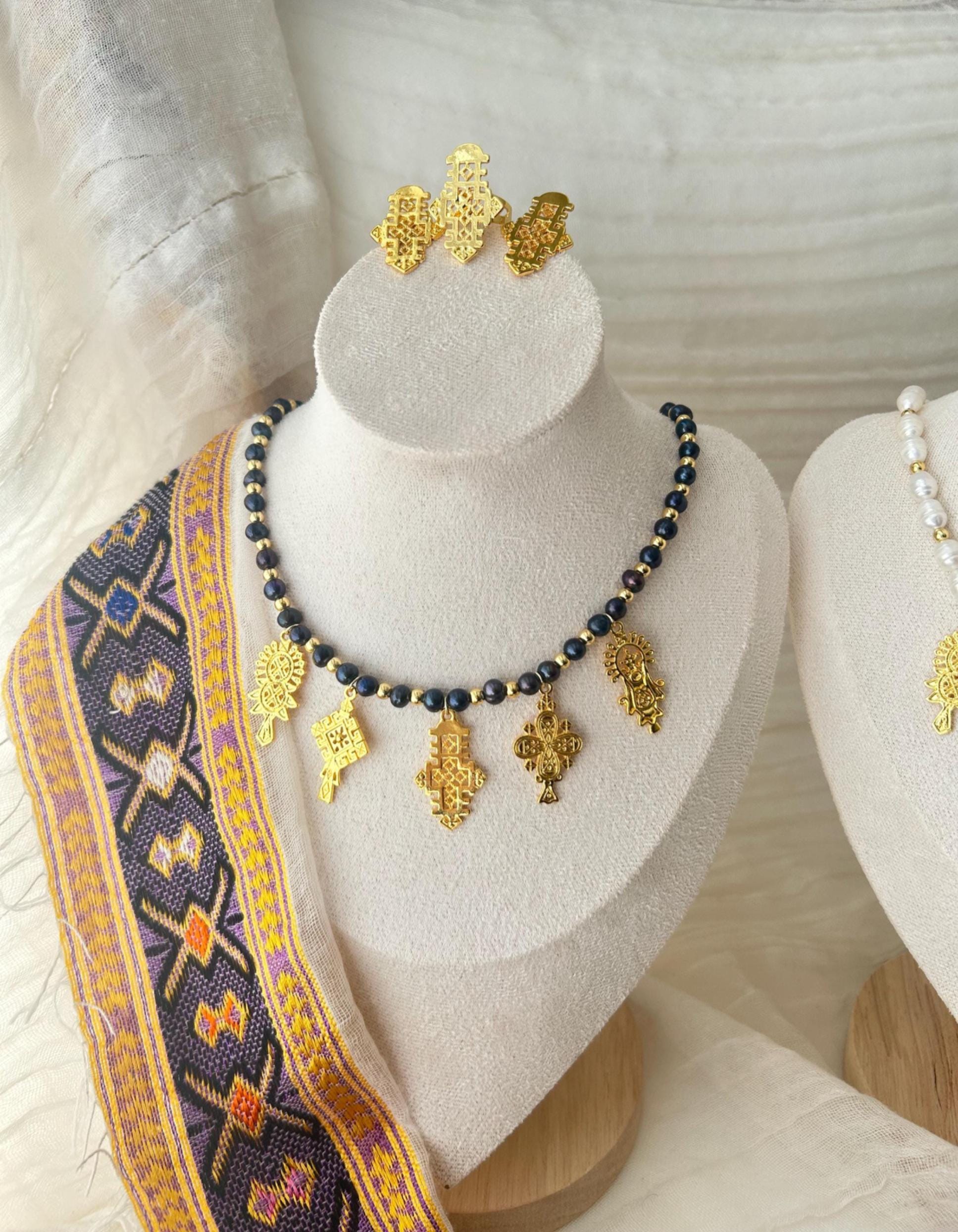 Ethiopian Jewelry Set For Women - Gold Plated Necklace, Earrings & Ring, African Cultural Gift For Wedding & Party