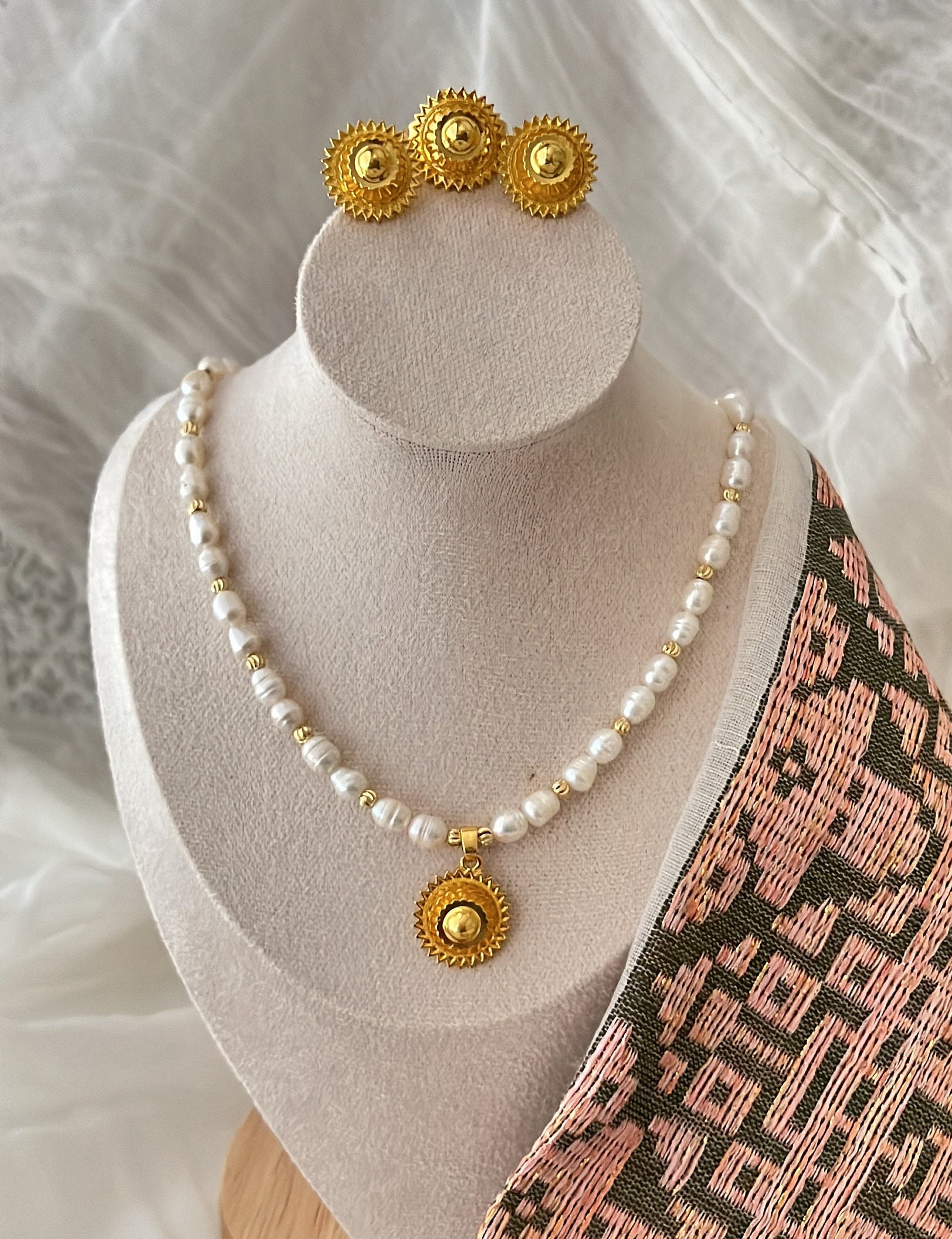 Ethiopian & Eritrean Women Jewelry Set | Gold Cross Pendant, Earrings & Ring main image 1