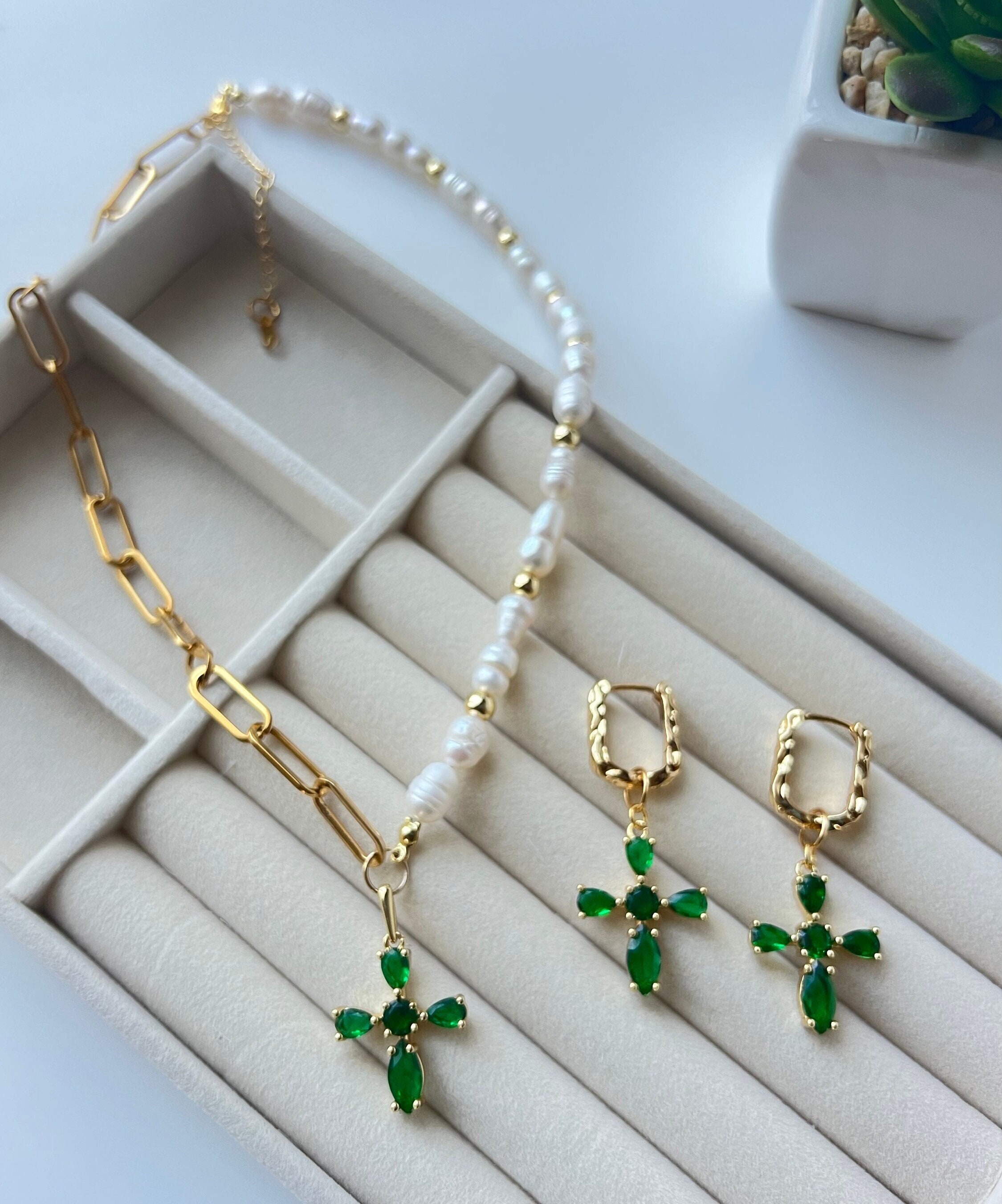 Freshwater Pearl Necklace and Earrings, Green Cross Pendant, Gold Plated Jewelry