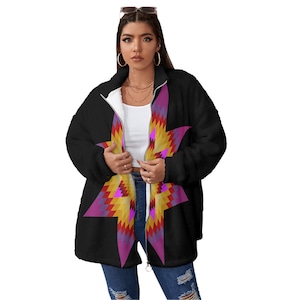 Heltryckt damjacka med Borg-fleece och ståkrage, dragkedja (plus size)