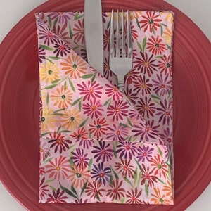 Colorful Flowers on Light Pink Double-Sided Cloth Napkins, Set of 8