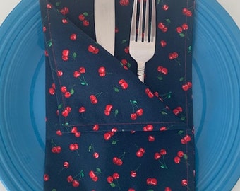 Red Cherries on Navy Double-Sided Cloth Napkins, Set of 8