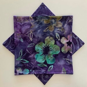 Pastel Flowers on Purple Batik Double-Sided Cloth Cocktail Napkins, Set of 8