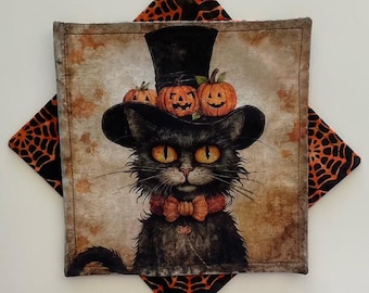 Halloween Cloth Cocktail Napkins, Vintage Spooky Characters No. 2,  Reversible Cotton Napkins, Set of 8