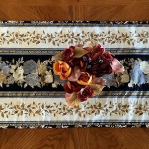 Black with Tan and Blue Flowers (#2) Quilted Double-Sided Table Runner