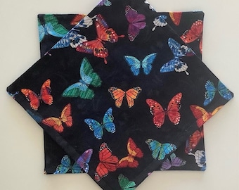 Colorful Butterflies on Black Double-Sided Cloth Cocktail Napkins, Set of 8