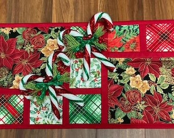 Christmas Poinsettia Quilted Double-Sided Table Runner