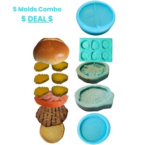 May include: Five blue silicone molds for baking. The molds are shaped like a hamburger, pickles, a bun, a tomato, and a patty. The text "5 Molds Combo $ DEAL $" is written above the molds.