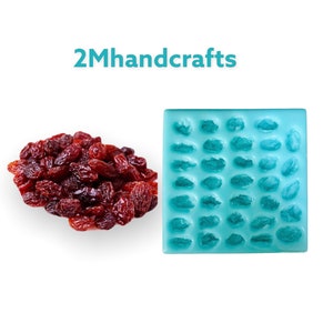 Può includere: Uno stampo in silicone blu con 36 cavità individuali a forma di uvetta. Accanto allo stampo è mostrato un mucchio di uvetta secca.