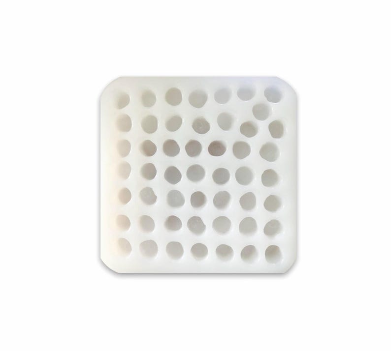 Pu&ograve; includere: Uno stampo in silicone bianco semitraslucido di forma quadrata con una griglia di quarantanove cavit&agrave; circolari disposte in sette righe e sette colonne. Lo stampo presenta angoli arrotondati e una finitura opaca e liscia.