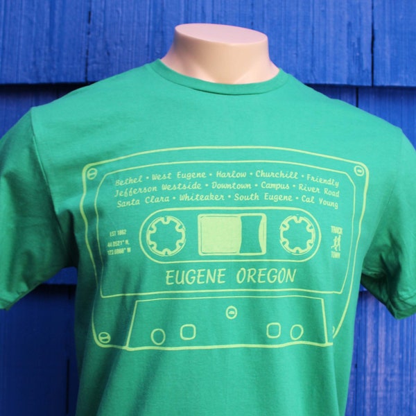 Eugene Oregon - Hand Screen Print Tee - Cassette Mixtape Graphic Tee - Dad Mom Gift Tracktown USA University of Oregon Ducks PNW Unisex