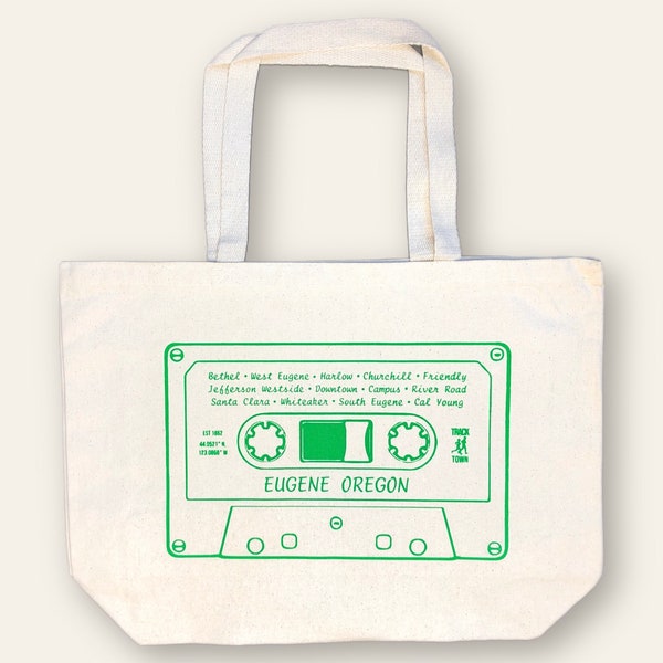 Reusable Eugene Oregon Canvas Tote | Hand Printed | Cassette Tape | Oversized Market Beach Grocery Bag | PNW | University of Oregon Ducks