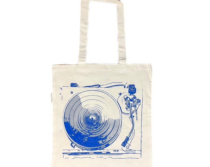 Hand Screenprinted Turntable Tote – Music Lover Gift - Record Player Tote Bag  - Analog - Vinyl Lover Gift