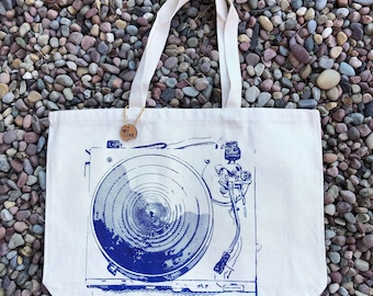 Reusable Canvas Tote Hand Printed Turntable Oversized 