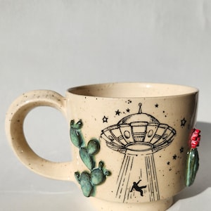 Handmade Speckled Clay Mug #1 – UFO Abduction, Cactus Design, Area 51, 250ml Capacity