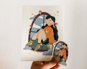 Cottagecore Girl Print and Sticker - Glossy 5 x 6.5 Print - Vinyl Sticker - Cute Art Prints